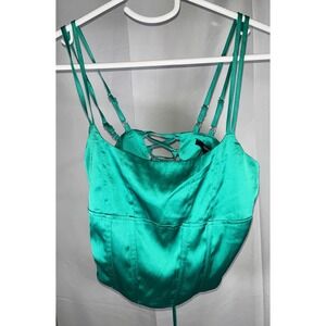 Forever 21 Jade Green Satin Bustier Top Lace Up Back Y2K Party Wear Medium